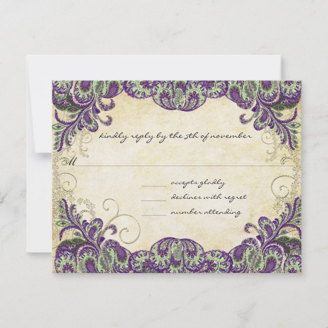Mariage Peacock Gold & Green Purple RSVP (Devant)