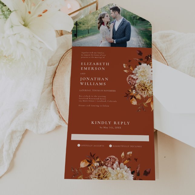 Mariage photo automne tout en une invitation (Fall Photo Terracotta Floral Wedding All In One Invitation by Painted Paperie)