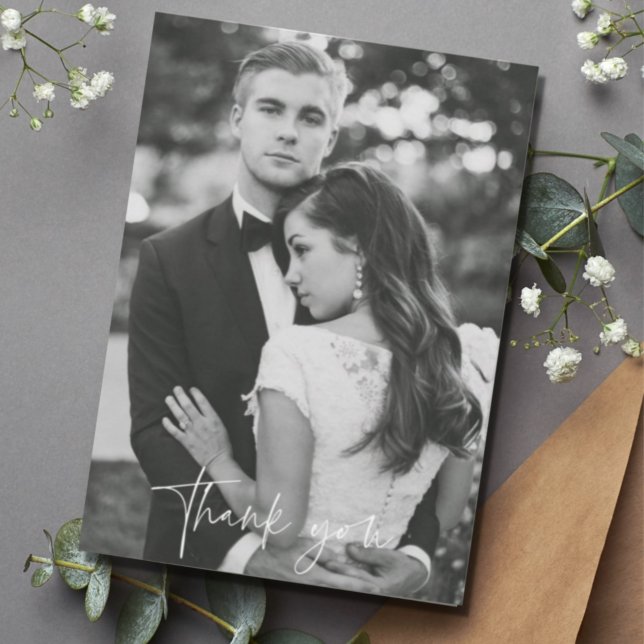 Mariage photo Black Blanc moderne Merci Cartes (Modern Black White Photo Wedding Thank You Cards)