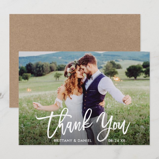 Mariage Photo Brush Script Kraft Carte de remercie (Devant / Derrière)