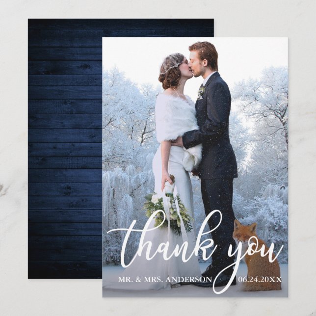 Mariage Photo Carte de remerciements en bois bleu (Devant / Derrière)
