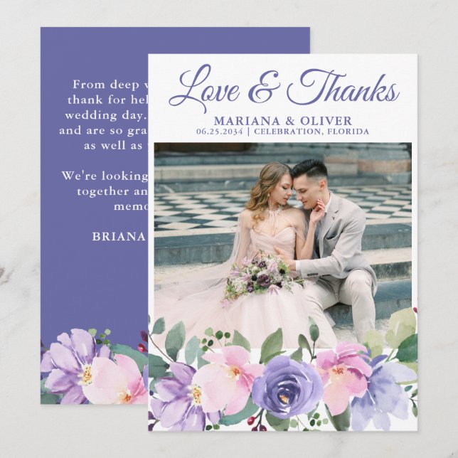 Mariage Photo Carte de remerciements Lavender Flor (Devant / Derrière)