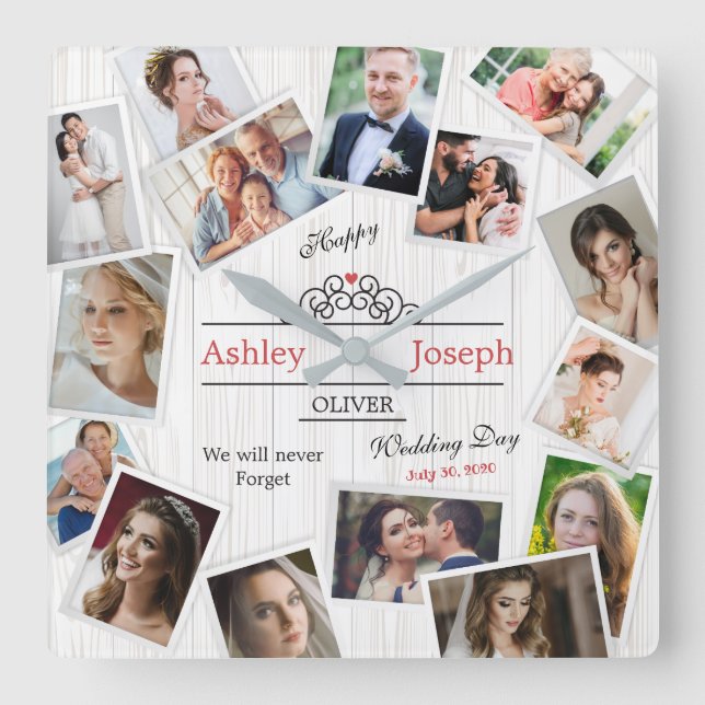 Mariage photo collage en bois texture horloge mura (Recto)
