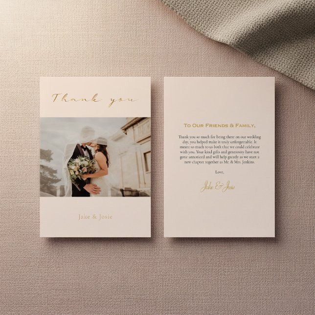 Mariage photo, effet or, carte de remerciements (Wedding photo, gold effect, thank you card with message.)