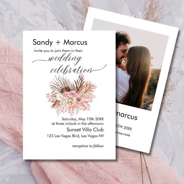 Mariage Photo Invitation Boho Dusty Rose Floral (Créateur téléchargé)