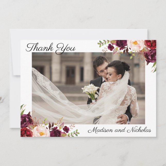 Mariage photo Merci Cartes avec Fleurs Marsala (Devant)