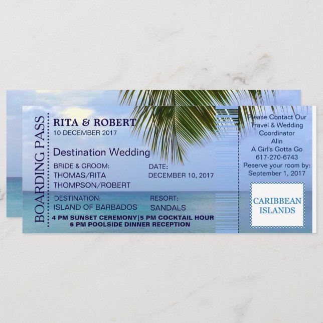 Mariage plage | Carte d'embarquement - Destination (Devant / Derrière)
