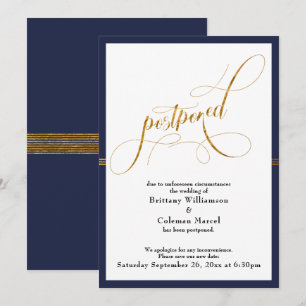 Mariage Reporté Élégante Carte Rayée Navy & Or