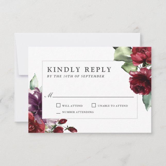 Mariage romantique Bourgogne et Plum Floral RSVP (Devant)
