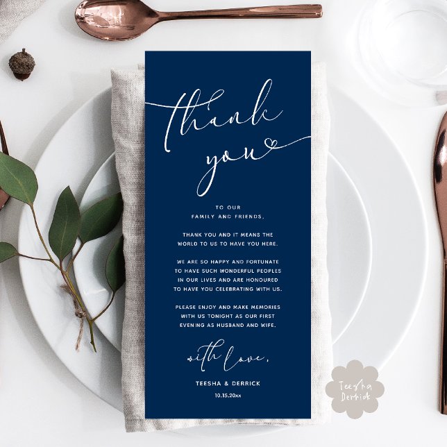 Mariage romantique Cadre Carte de remerciements (Romantic Wedding Dinner Lunch Brunch Party Place Setting Thank You Card Navy Blue)