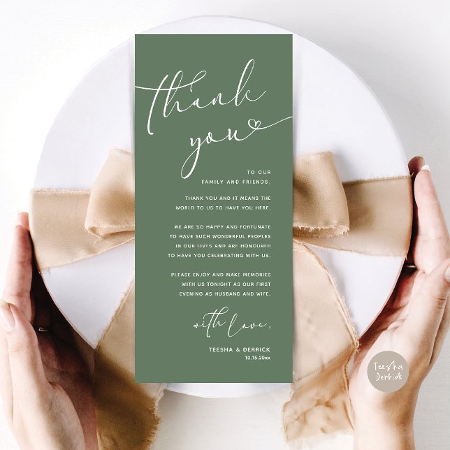 Mariage romantique Cadre Carte de remerciements (Romantic Wedding Dinner Lunch Brunch Party Place Setting Thank You Card Sage Green)