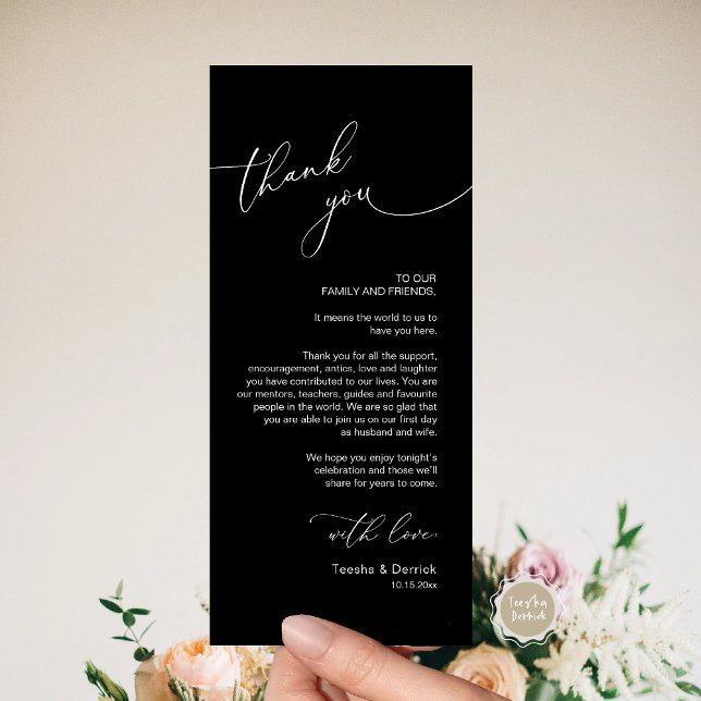 Mariage romantique Cadre Carte de remerciements (Romantic Wedding Dinner Place Setting Thank You Card, Plate Decor, in Classy Black)