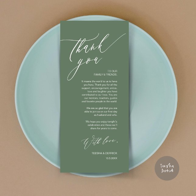 Mariage romantique Cadre Carte de remerciements (Romantic Wedding Dinner Place Setting Thank You Card, in Forest Sage Green)