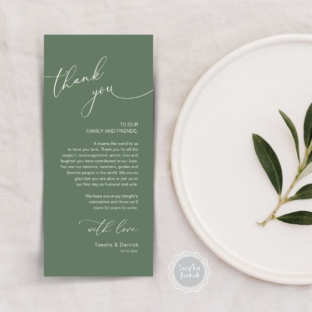 Mariage romantique Cadre Carte de remerciements (Modern Romantic Wedding Lunch, Brunch, Dinner Place Setting Thank You Card, in Forest Sage Green)