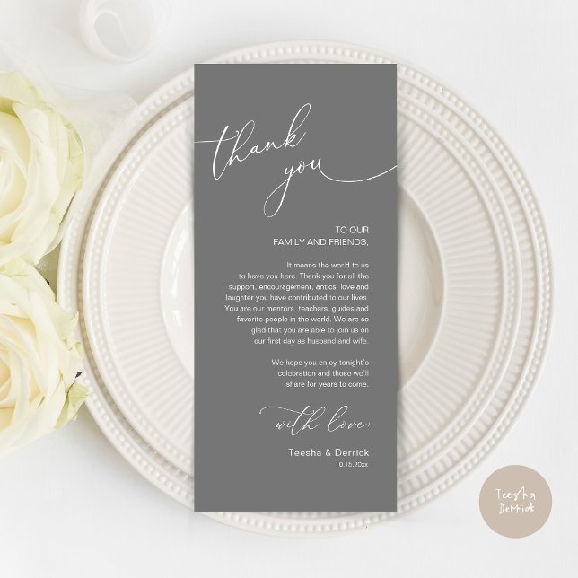 Mariage romantique Cadre Carte de remerciements (Modern Romantic Wedding Lunch, Brunch, Dinner Place Setting Thank You Card, in Dark Grey)