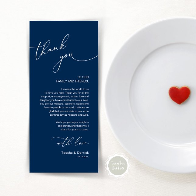 Mariage romantique Cadre Carte de remerciements (Modern Romantic Wedding Lunch, Brunch, Dinner Place Setting Thank You Card, in Navy Blue)