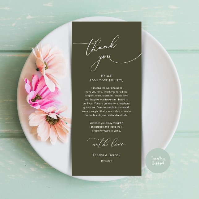 Mariage romantique Cadre Carte de remerciements (Modern Romance Wedding Dinner, Lunch and Brunch Place Setting Thank You Card, in Olive Green)