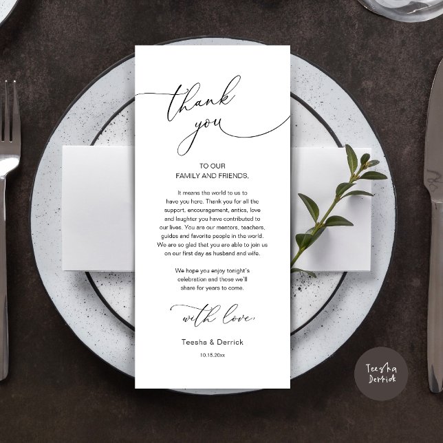 Mariage romantique Cadre Carte de remerciements (Modern Romance Wedding Dinner, Lunch and Brunch Place Setting Thank You Card, in Black and White)