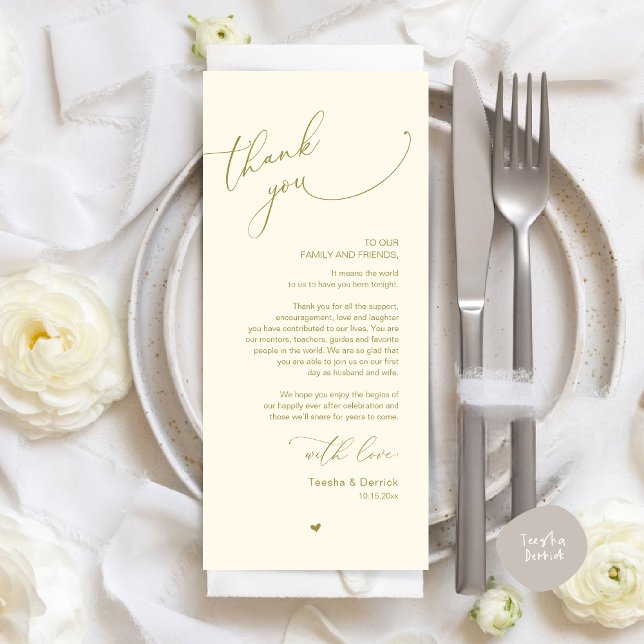 Mariage romantique Cadre Carte de remerciements (Modern Romantic Wedding Dinner Place Setting Thank You Card, Plate Decor, in Retro Yellow Gold)