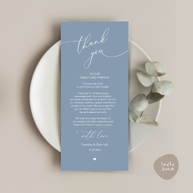 Mariage romantique Cadre Carte de remerciements (Modern Romantic Wedding Dinner Place Setting Thank You Card, Plate Decor, in Dusty Blue)