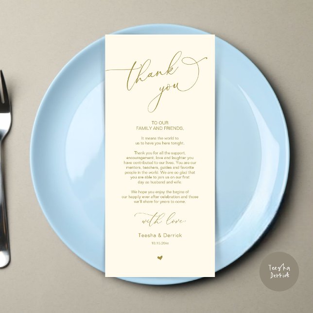 Mariage romantique Cadre Carte de remerciements (Modern Romantic Wedding Dinner Place Setting Thank You Card, Plate Decor, in Retro Yellow Gold)