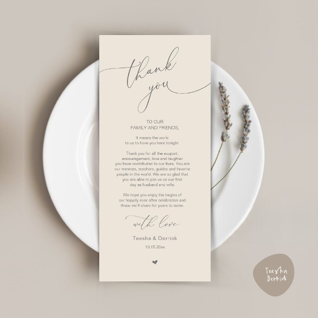 Mariage romantique Cadre Carte de remerciements (Modern Romantic Wedding Dinner Place Setting Thank You Card, Plate Decor, in Dark Grey and Cream)