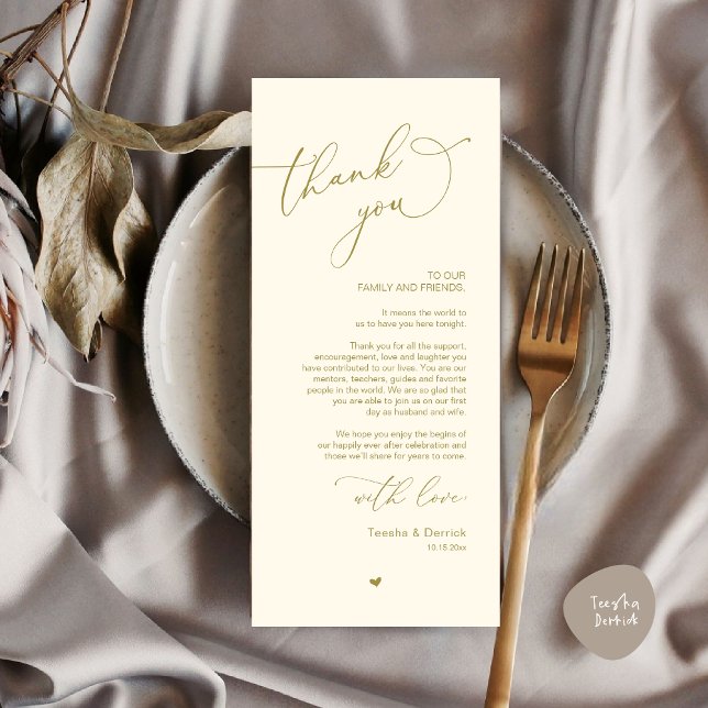 Mariage romantique Cadre Carte de remerciements (Modern Romantic Wedding Dinner Place Setting Thank You Card, Plate Decor, in Retro Yellow Gold)