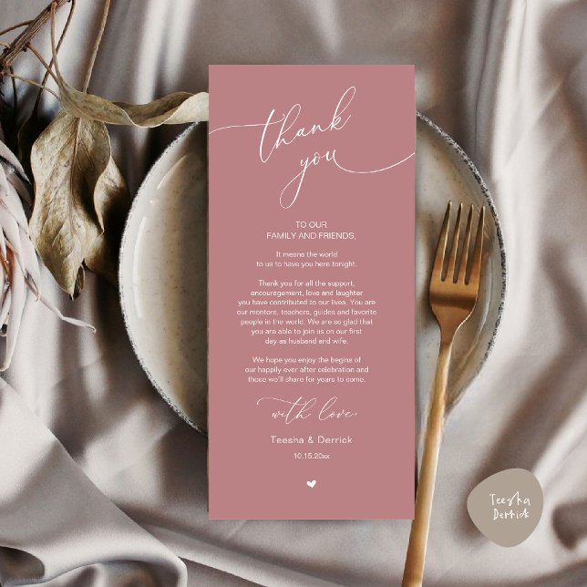 Mariage romantique Cadre Carte de remerciements (Modern Romantic Wedding Dinner Place Setting Thank You Card, Plate Decor, in Dusty Rose Pink)