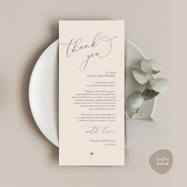Mariage romantique Cadre Carte de remerciements (Modern Romantic Wedding Dinner Place Setting Thank You Card, Plate Decor, in Dark Grey and Cream)