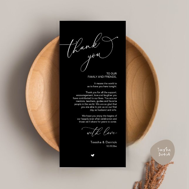 Mariage romantique Cadre Carte de remerciements (Modern Romantic Wedding Dinner Place Setting Thank You Card, Plate Decor, in Classy Black)