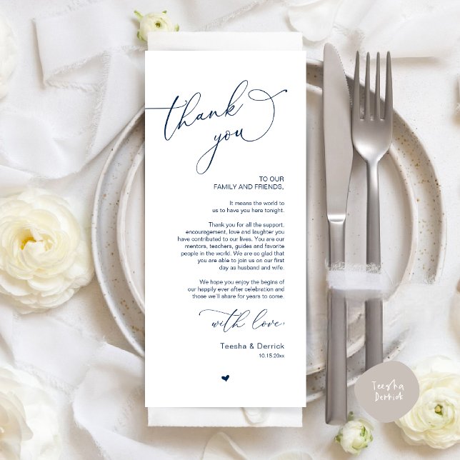 Mariage romantique Cadre Carte de remerciements (Romantic Modern Wedding Dinner Place Setting Thank You Card, in Classy Navy Blue)