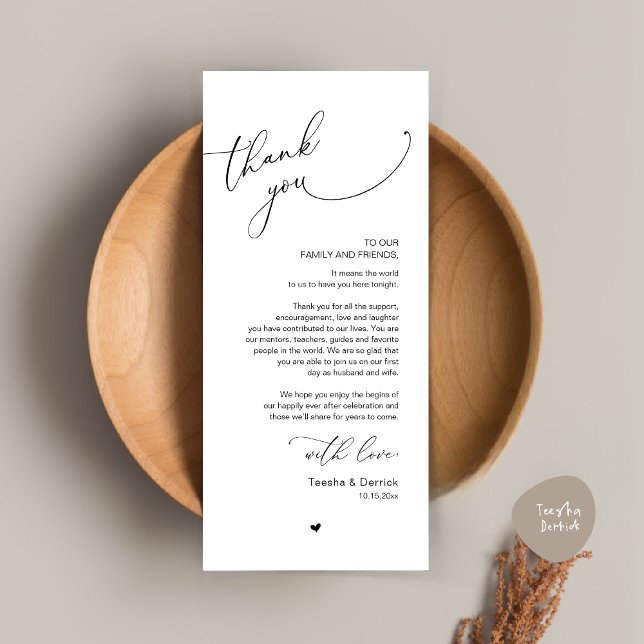Mariage romantique Cadre Carte de remerciements (Romantic Modern Wedding Dinner Place Setting Thank You Card, in Minimalist Black and White)