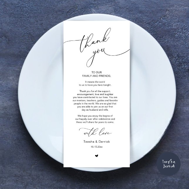 Mariage romantique Cadre Carte de remerciements (Romantic Modern Wedding Dinner Place Setting Thank You Card, in Minimalist Black and White)