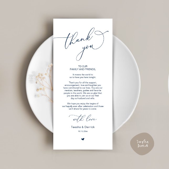 Mariage romantique Cadre Carte de remerciements (Romantic Modern Wedding Dinner Place Setting Thank You Card, in Classy Navy Blue)