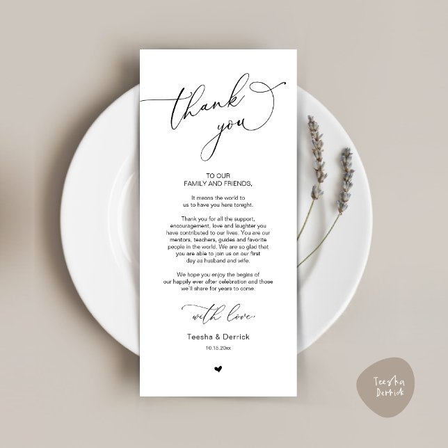 Mariage romantique Cadre Carte de remerciements (Romantic Modern Wedding Dinner Place Setting Thank You Card, in Black and White)
