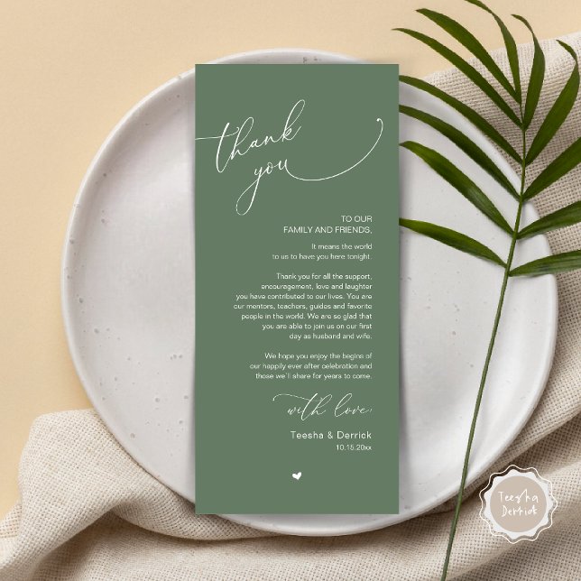Mariage romantique Cadre Carte de remerciements (Romantic Modern Wedding Dinner Place Setting Thank You Card, in Greenery Forest Sage Green)