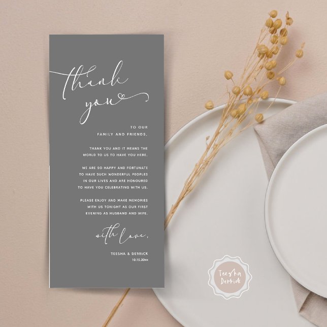 Mariage romantique Cadre Carte de remerciements (Romantic Minimalist Wedding Dinner Place Setting Thank You Card, in Summer Dark Grey)