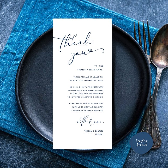 Mariage romantique Cadre Carte de remerciements (Romantic Minimalist Wedding Dinner Place Setting Thank You Card, in Navy Blue)
