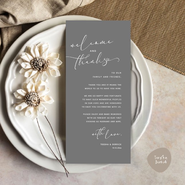 Mariage romantique Cadre Carte de remerciements (Romantic Wedding Dinner Place Setting Thank You Card, in Dark Grey)