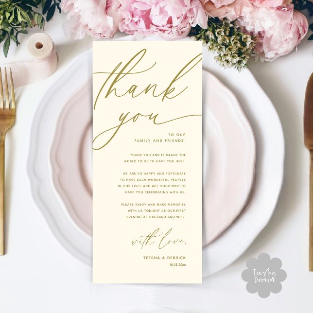 Mariage romantique Cadre Carte de remerciements (Romantic Wedding Place Setting Modern Dinner Brunch Lunch Party Thank You Card in Classy Yellow Gold)