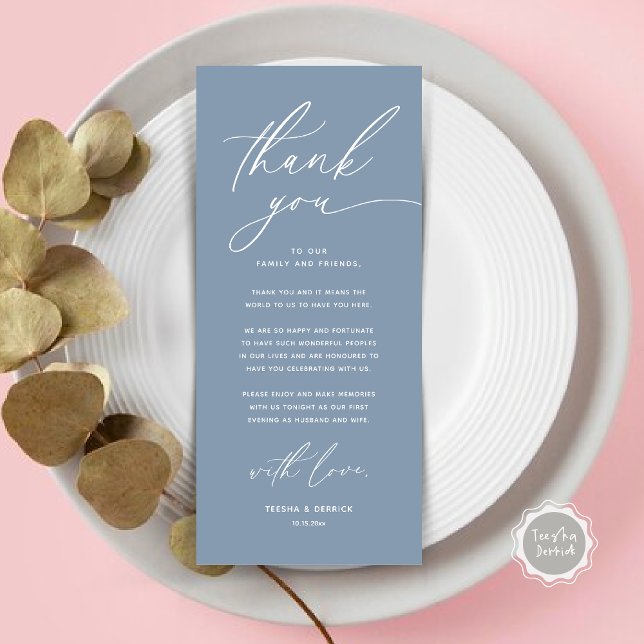 Mariage romantique Cadre Carte de remerciements (Romantic Wedding Place Setting Modern Dinner Brunch Lunch Party Thank You Card in Dusty Blue)