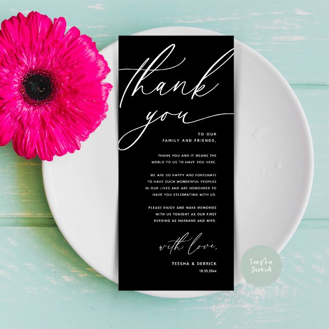 Mariage romantique Cadre Carte de remerciements (Romantic Wedding Place Setting Modern Dinner Brunch Lunch Party Thank You Card in Classy Black White)