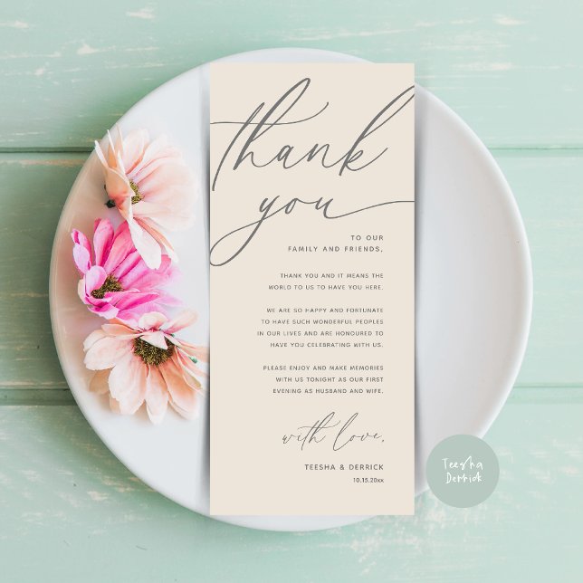 Mariage romantique Cadre Carte de remerciements (Romantic Wedding Place Setting Modern Dinner Brunch Lunch Party Thank You Card in Classy Cream Grey)