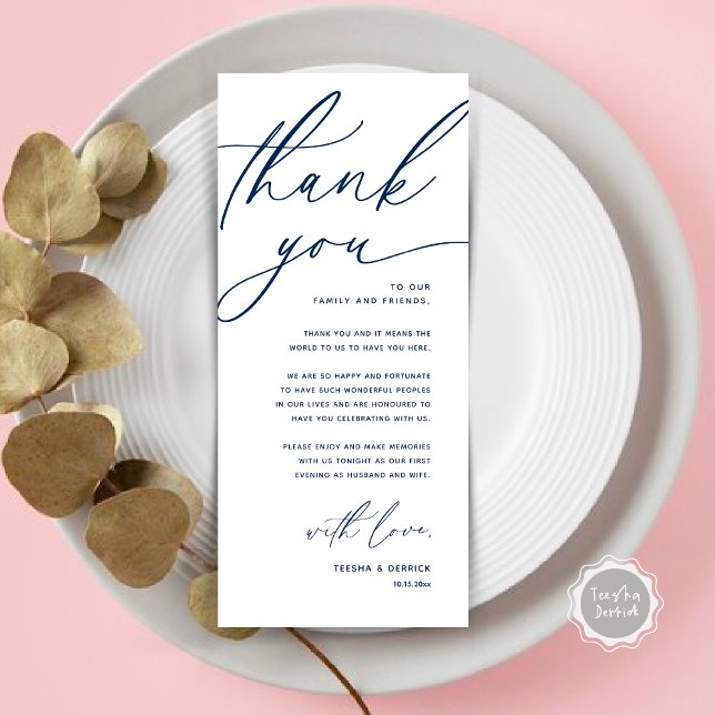 Mariage romantique Cadre Carte de remerciements (Romantic Wedding Place Setting Modern Dinner Brunch Lunch Party Thank You Card in Navy Blue)
