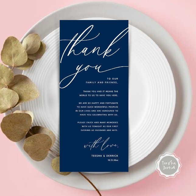 Mariage romantique Cadre Carte de remerciements (Romantic Wedding Place Setting Modern Dinner Brunch Lunch Party Thank You Card in Navy Blue)