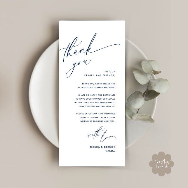 Mariage romantique Cadre Carte de remerciements (Romantic Wedding Dinner Place Setting Thank You Card Lunch Brunch in Classy Navy Blue)