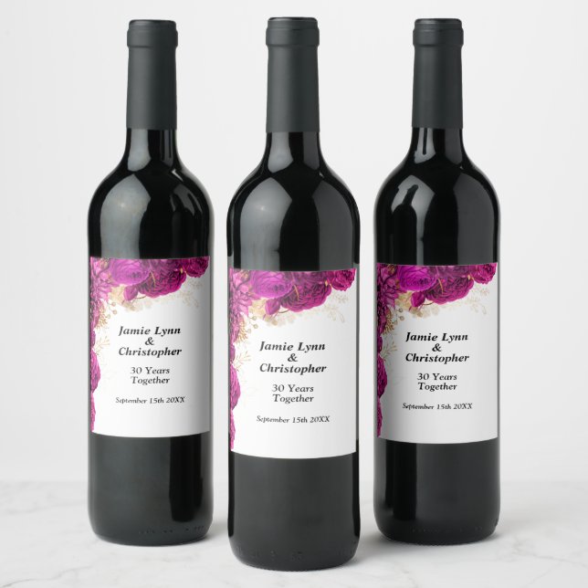 Mariage rose Floral Anniversaire Étiquette de vin (Bouteilles)
