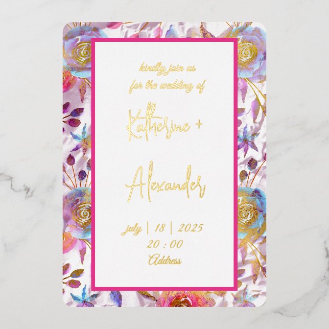 Mariage rose floral Lily Invitation classiques Or (Recto)
