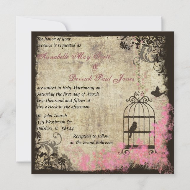 Mariage rose Vintage Invitation Birdcage (Devant)