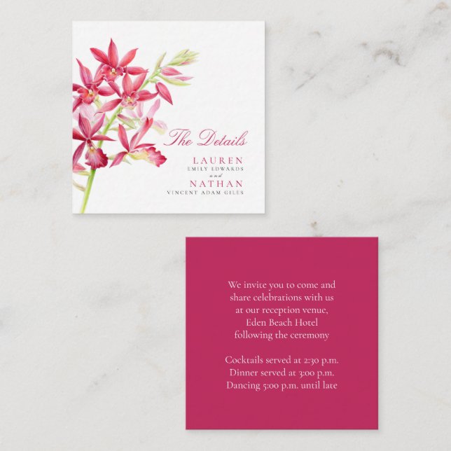 Mariage rouge orchidée détails pratiques carte de  (Devant / Derrière)